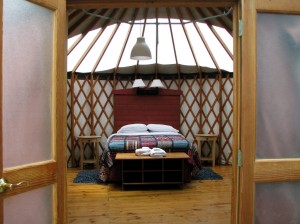 Inside the yurt with bed