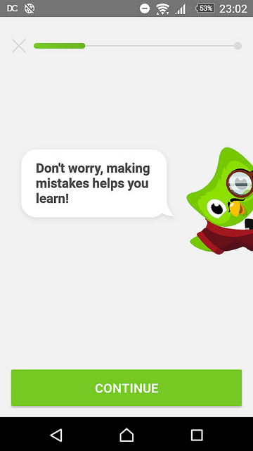 duolingo supports learning of a language even when mistakes are made.