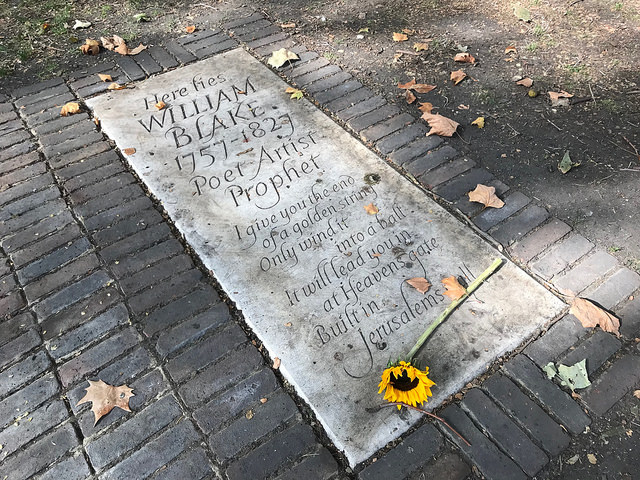 William Blake gravesite at Bunhill Fields cemetery in London alongside other writers and authors.