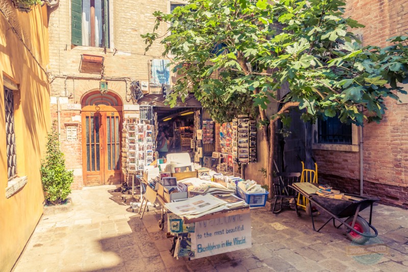 The entrance to Libreria Acqua Alta in Venice perhaps the most unique bookshop in the world. Located in the Castello District of Venice, this bookshop has everything you could want and plenty more.