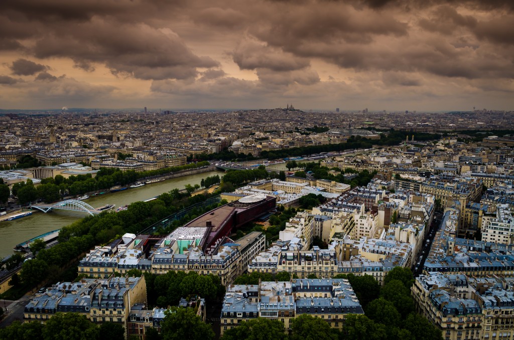 View from the top of the Eiffel Tower looking out over Paris France