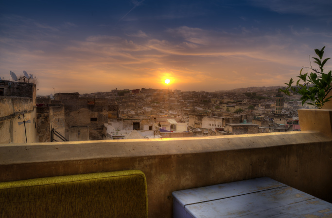 Fes Sunrise from the roof terrace of Riad Laayoun, Morocco