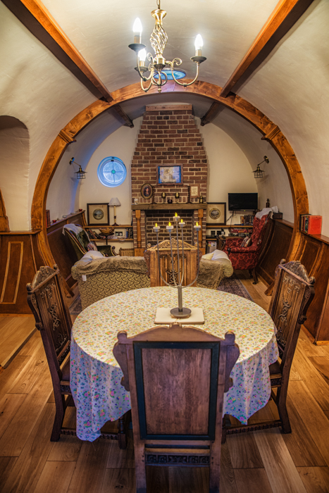 Entrance to Pod Hollow at West Stow Pods, based on a hobbit hole on the New Zealand Film set.