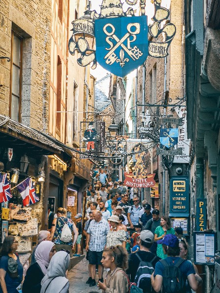 The Grand Rue in Mont Saint Michel is extremely crowded but picturesque
