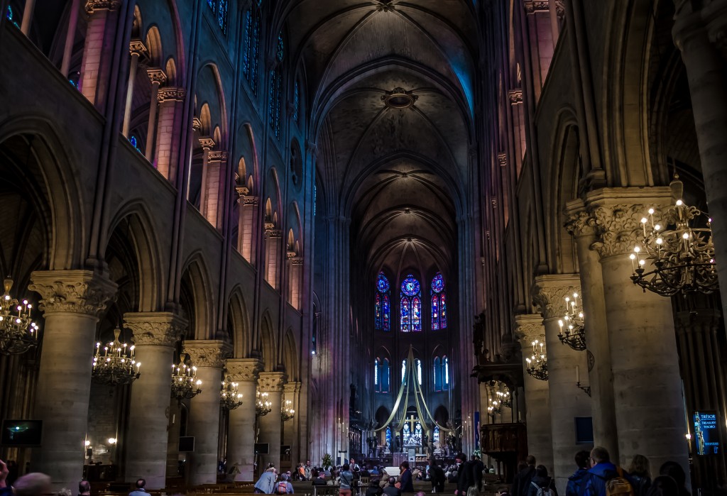 The high arched ceiling of Notre Dame Cathedral Paris, France