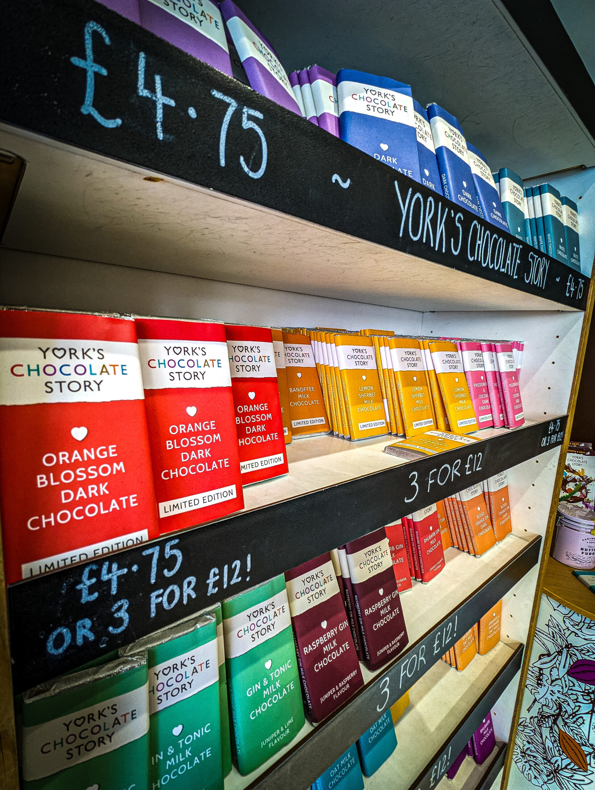 The Chocolate Story in York with rows and rows of chocolate on offer