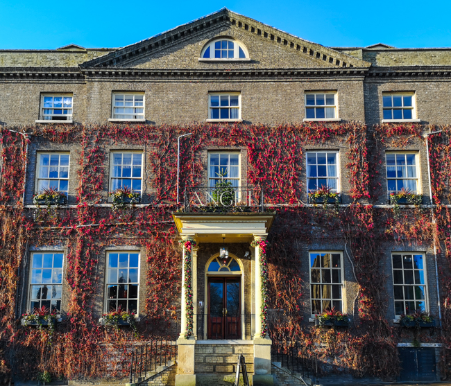 The outside of The Angel hotel in Bury St Edmunds. Suffolk.