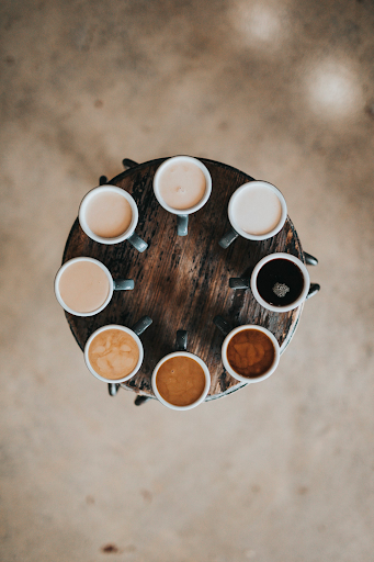 Hot drinks of varying shades from black through to very milky