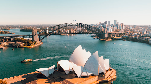 The famous Sydney harbour with the bridge and opera house.